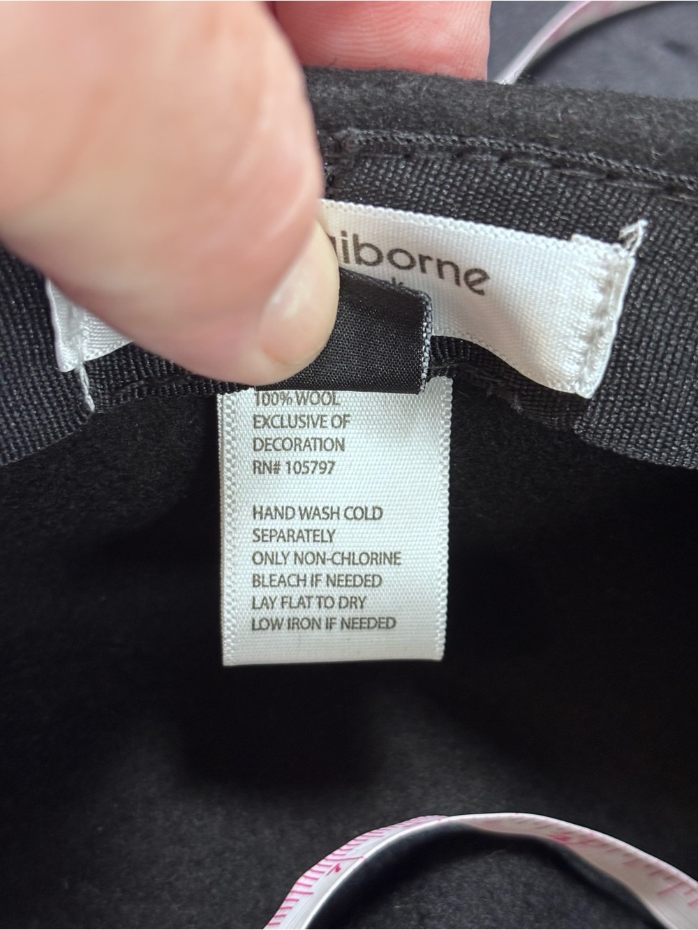 Liz Claiborne New York Black Wool Wide Brim Hat | Gray Ribbon Accent | One Size - Picture 8 of 8